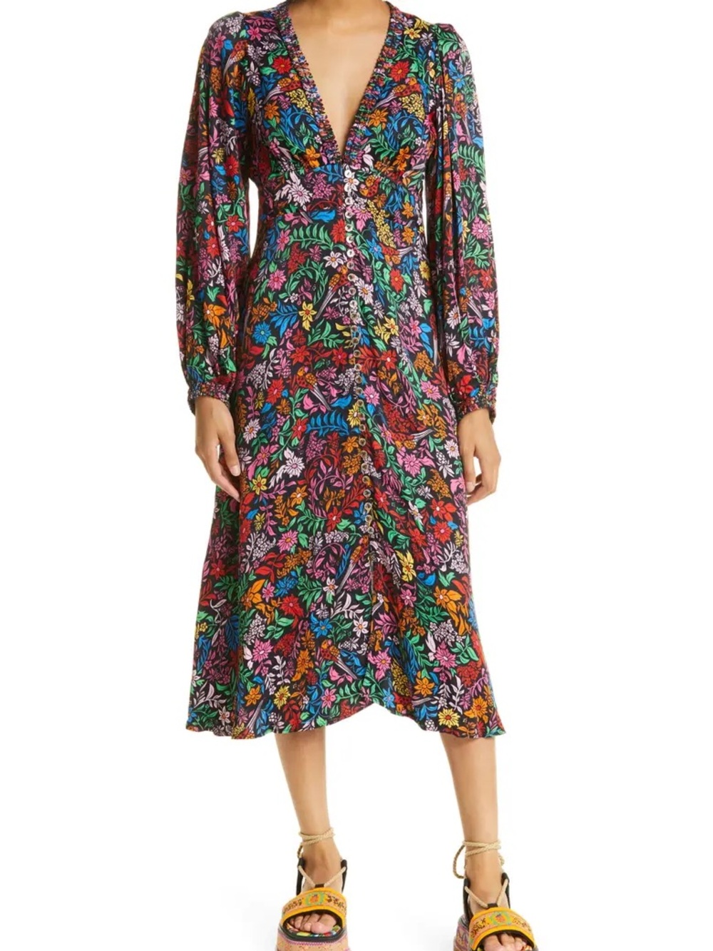 Floral Farm Rio Long Sleeve Midi Dress - Multicolor (please note sewn in v-neck)
